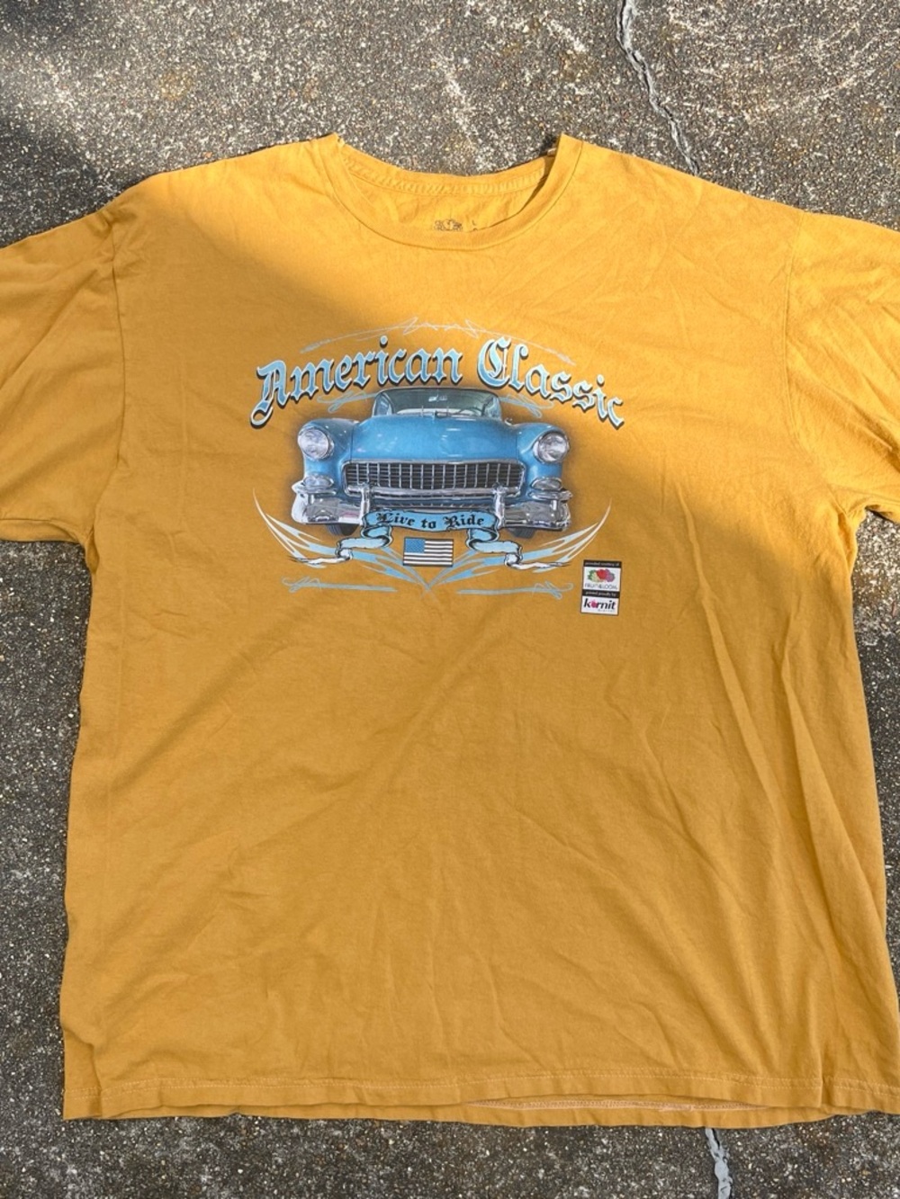 Fruit of the Loom Men’s Mustard Graphic Tee with Blue Car